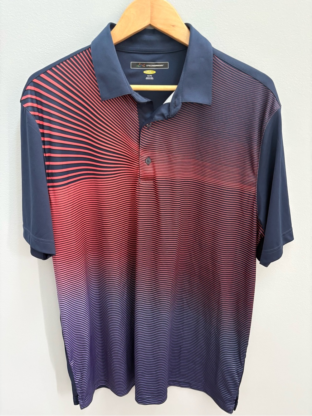 Greg Norman Collection Navy and Red Gradient Striped Golf Polo